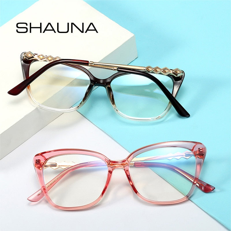 SHAUNA Retro Cat Eye Women Optical Eyeglasses Frame Fashion Clear Anti Blue Light Men Square TR90 Spring Hinge Glasses Frame